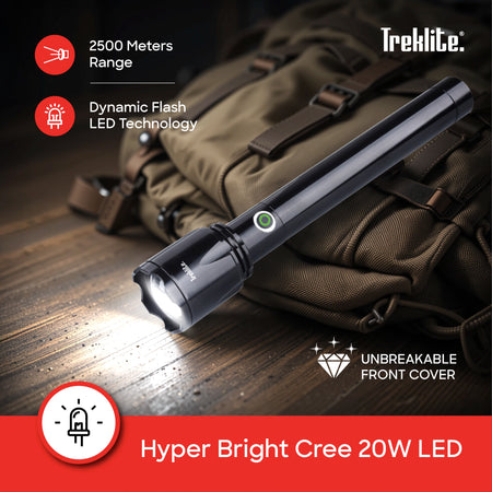 rechargeable flashlight torch Treklite 2500m range 20W LED 660 lumens sanford 4