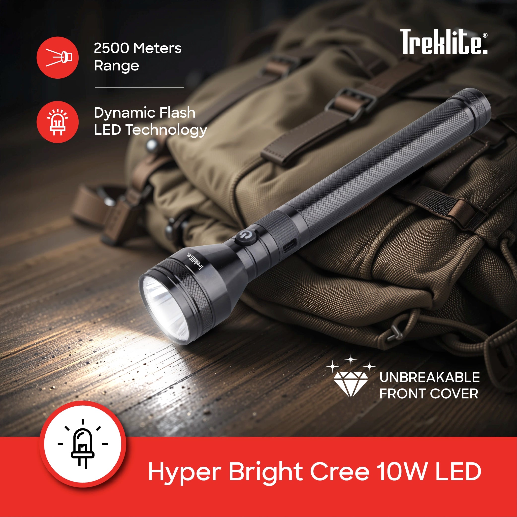 rechargeable flashlight torch Treklite 2500m range 1000 lumens sanford 4