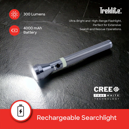 Treklite TL203SLC LED Flashlight Combo – 300 lumens, CREE LED, 4000mAh battery feature callout