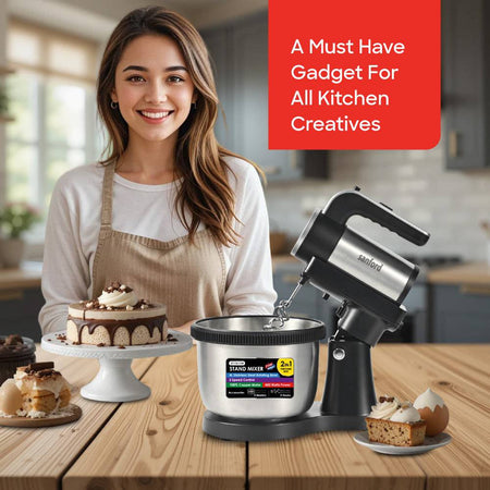 Sanford stand mixer showing 4-liter stainless steel rotating bowl